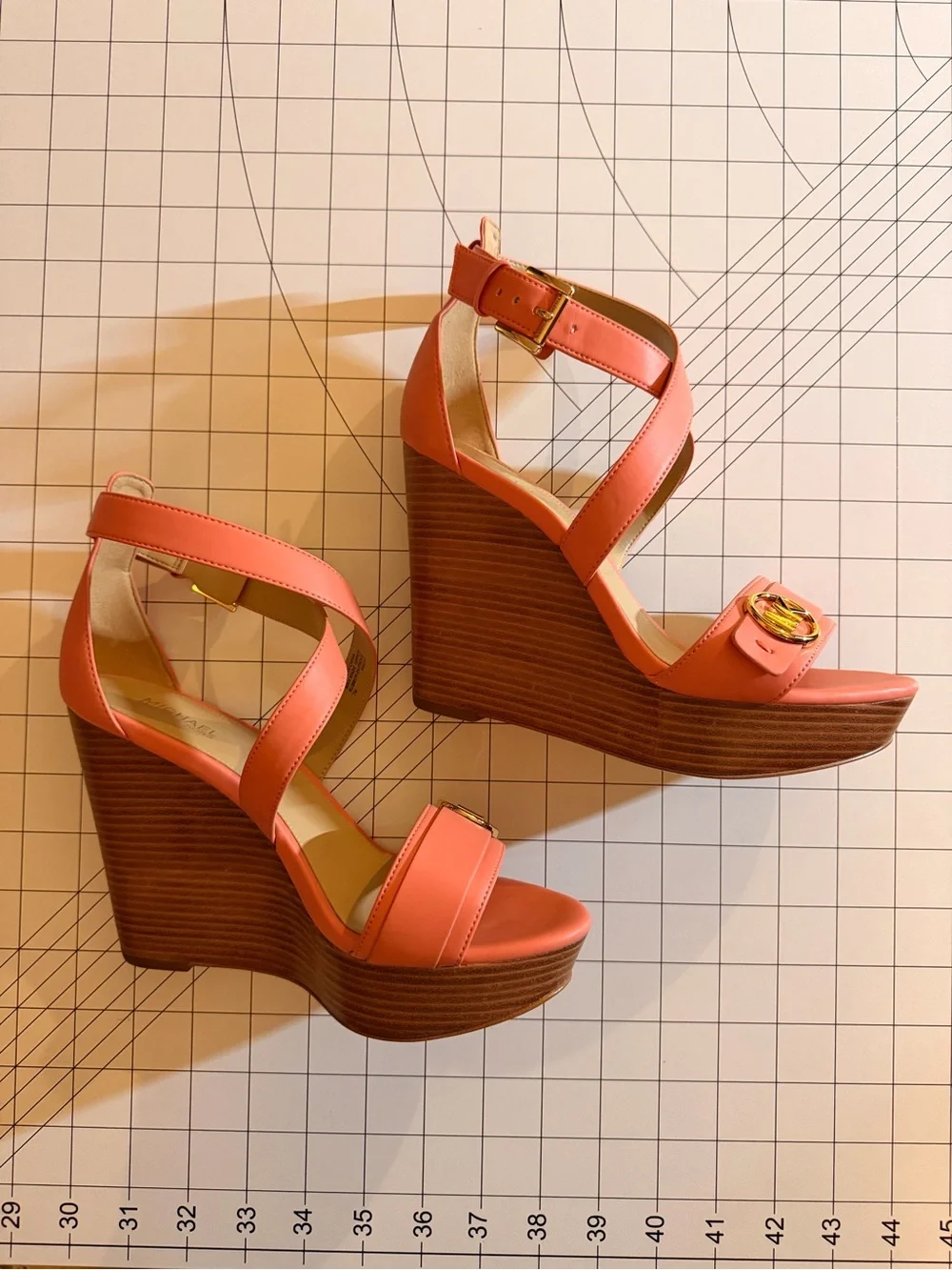 Michael Kors Coral Pink Wedge Sandals with Gold Buckle